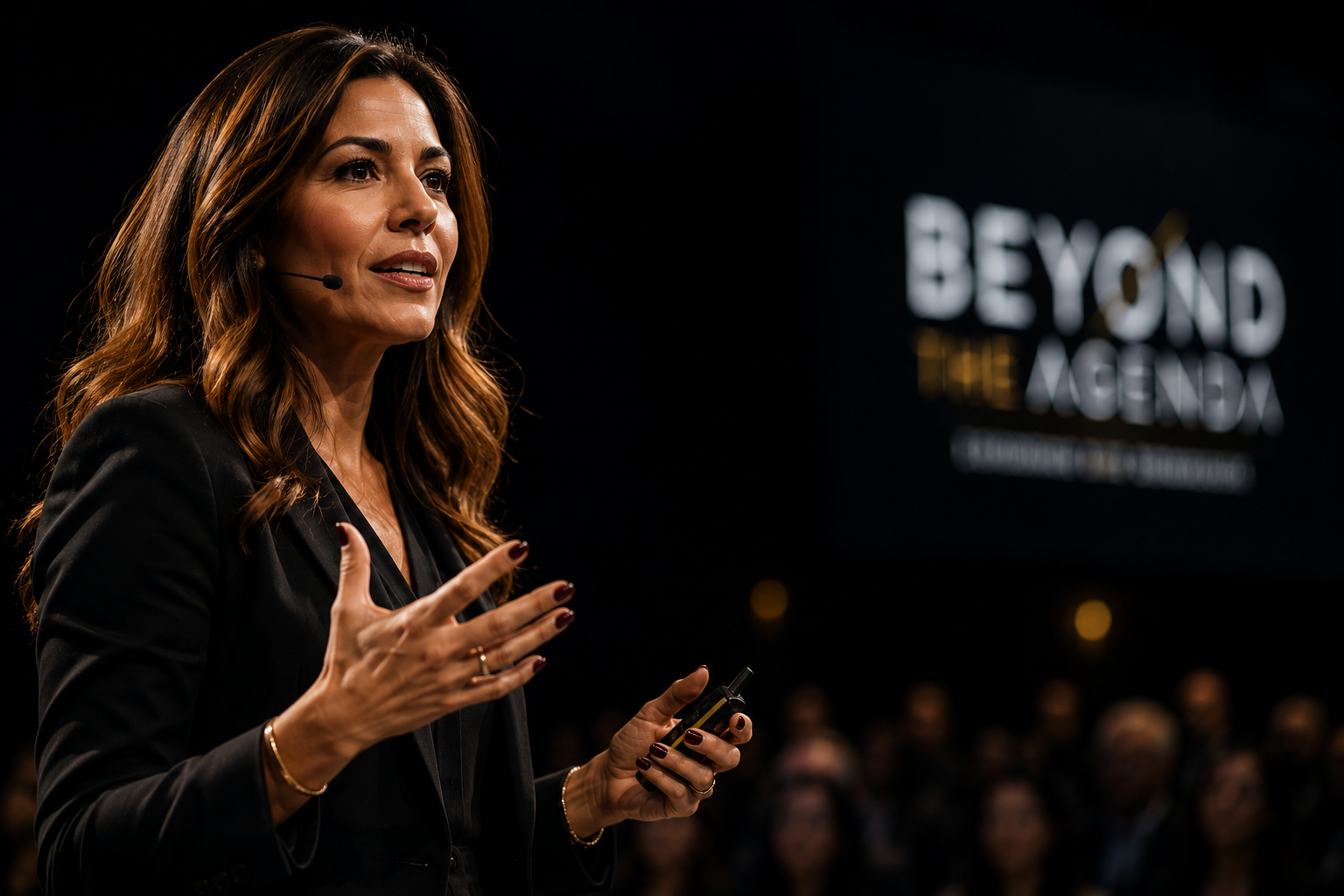 A confident keynote speaker mid-address