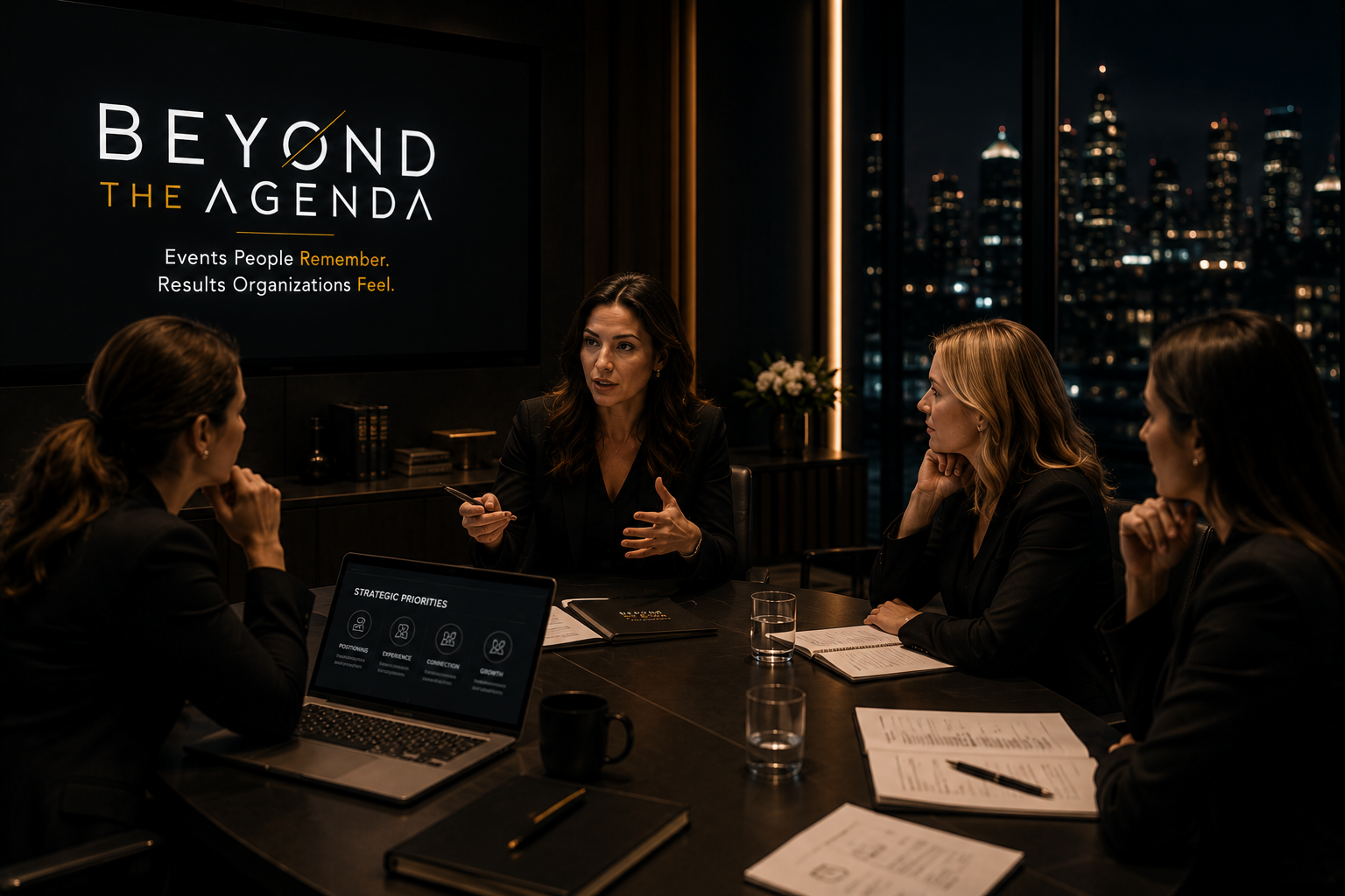 A women-led executive strategy session around a polished boardroom table